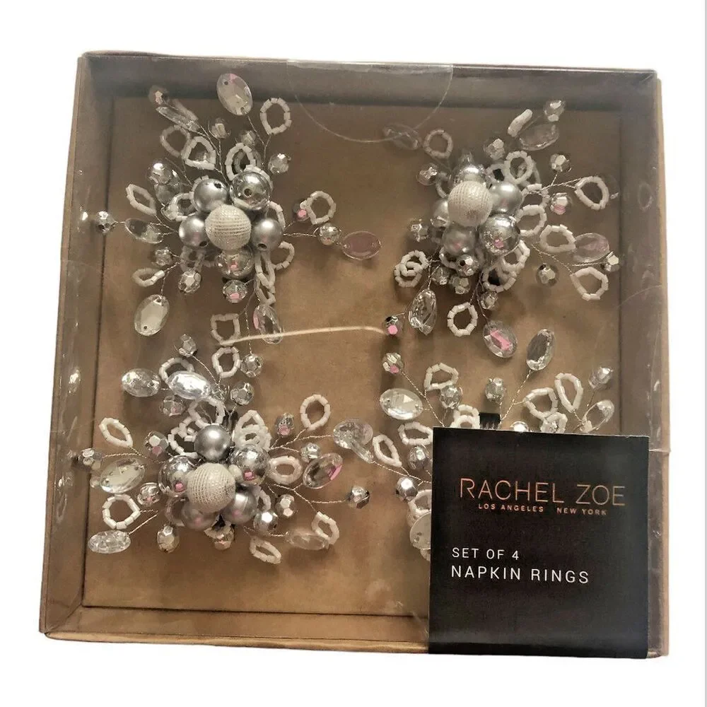 Rachel Zoe Beaded Napkin Rings Set of 4 Rhinestone Silver White 4